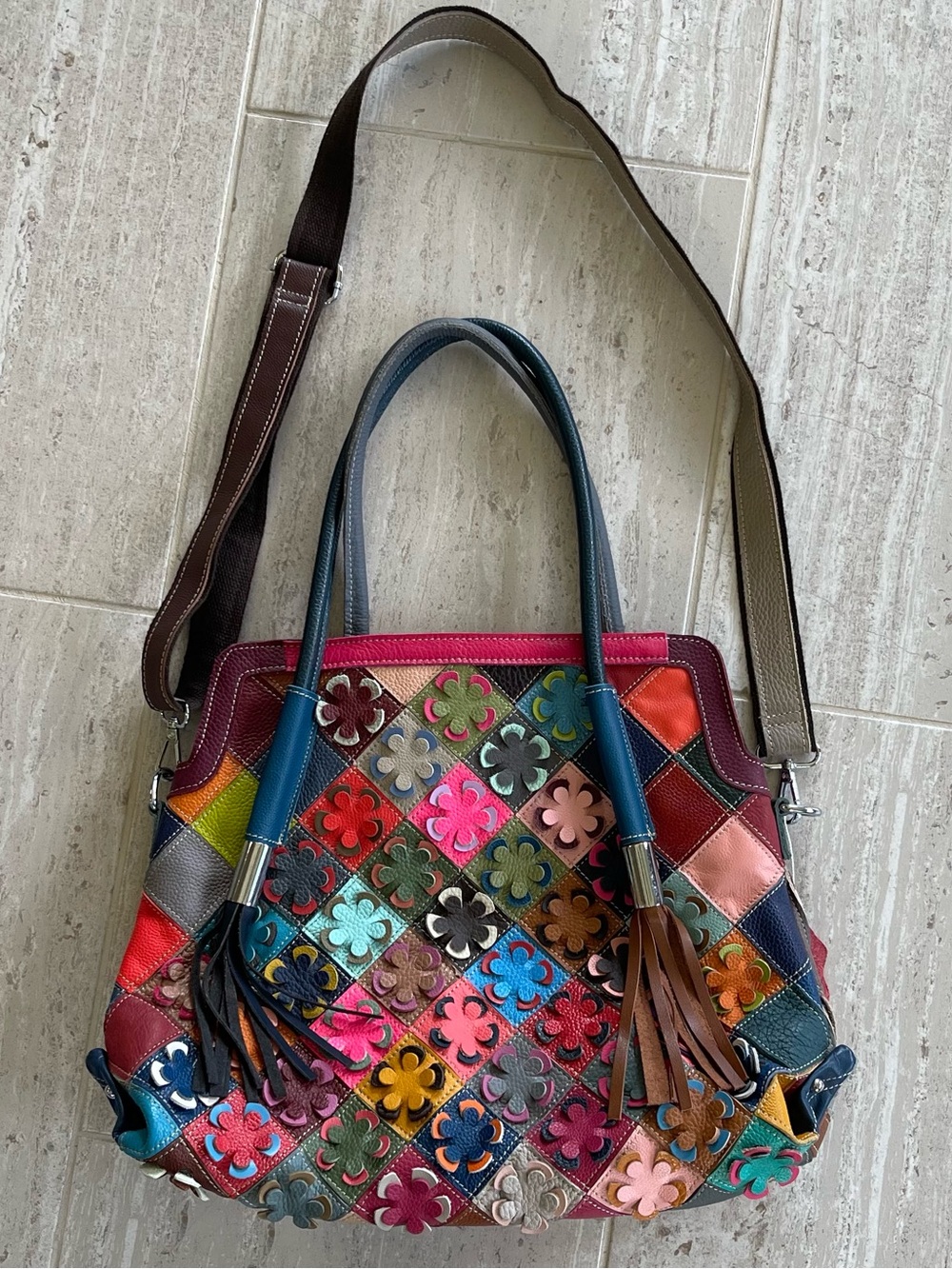 Multicolor Leather Patchwork Flower Tote Bag With Tassels And Shoulder Strap